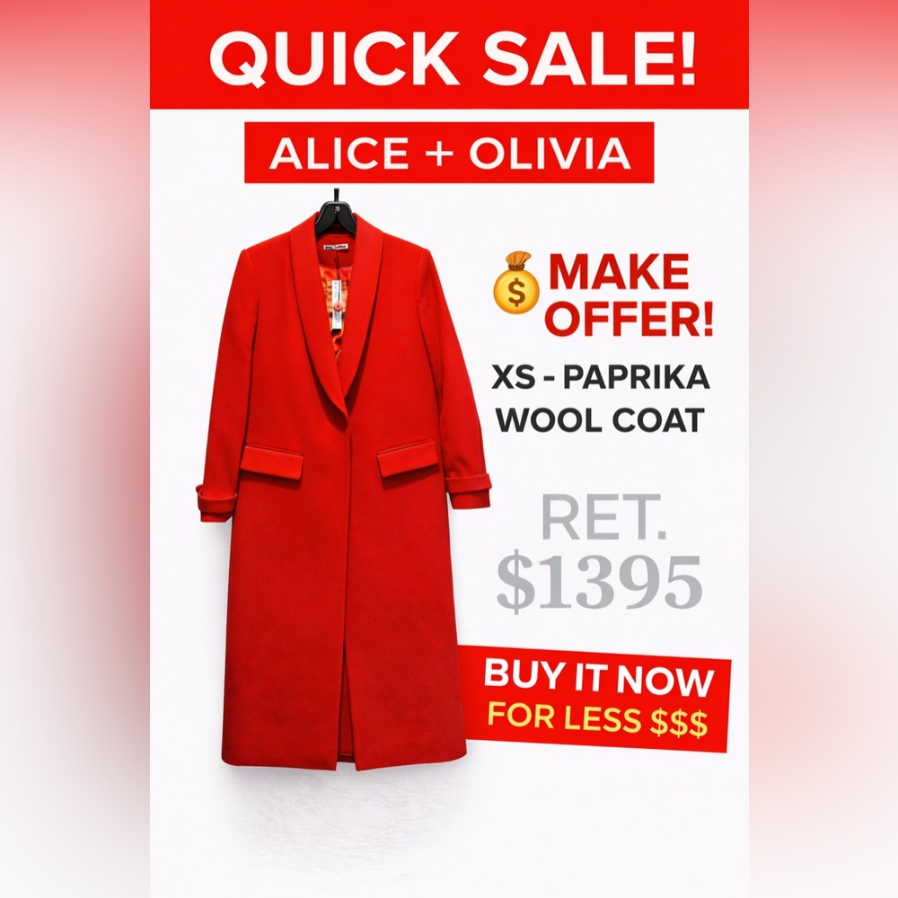 Alice + Olivia Red Wool Double Lapel Coat XS NWT Luxury Designer Statement - Picture 2 of 12